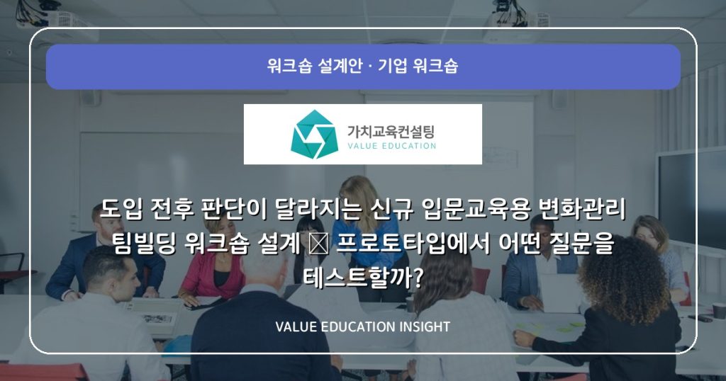 도입 전후 판단이 달라지는 신규 입문교육용 변화관리 팀빌딩 워크숍 설계 — 프로토타입에서 어떤 질문을 테스트할까?