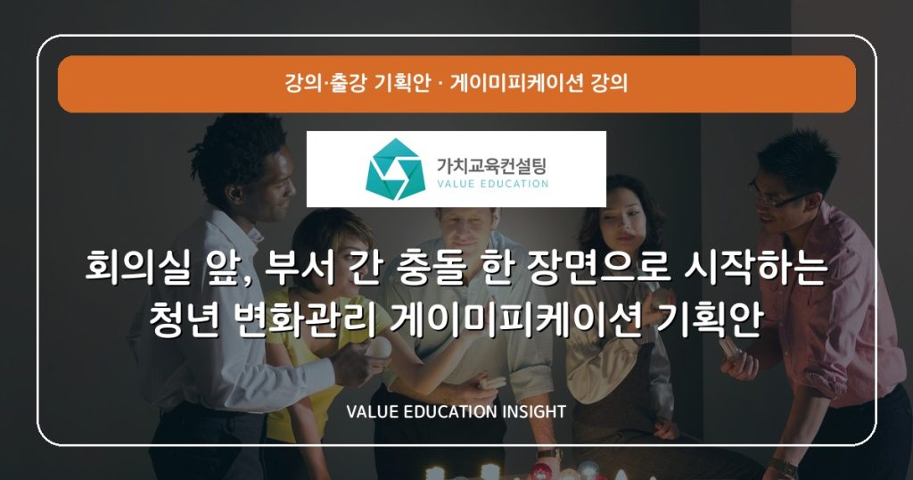 회의실 앞, 부서 간 충돌 한 장면으로 시작하는 청년 변화관리 게이미피케이션 기획안